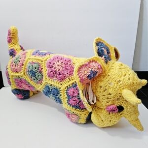 26" Handmade Crochet Granny Square Floral Triceratops Dinosaur Knit Large!